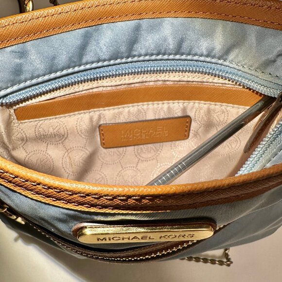 MICHAEL Michael Kors MK Kempton Powder Blue Nylon & Brown Leather Crossbody Bag - Picture 9 of 14